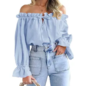 Imily Bela Womens Off The Shoulder Tops Puff Long Sleeve Tie Front Loose Fit Ruffle Shirts Blouses