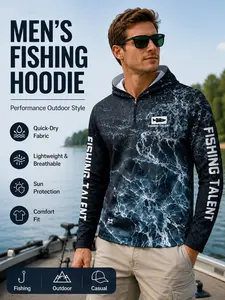 Men's Outdoor Fishing Hooded Long Sleeve T-Shirt, Honeycomb Birdseye Water Print, Colorblock Design, Quick-Dry Breathable Ice Fabric, Quick Dry Activewear, Breathable Sports Top, Breathable Tops
