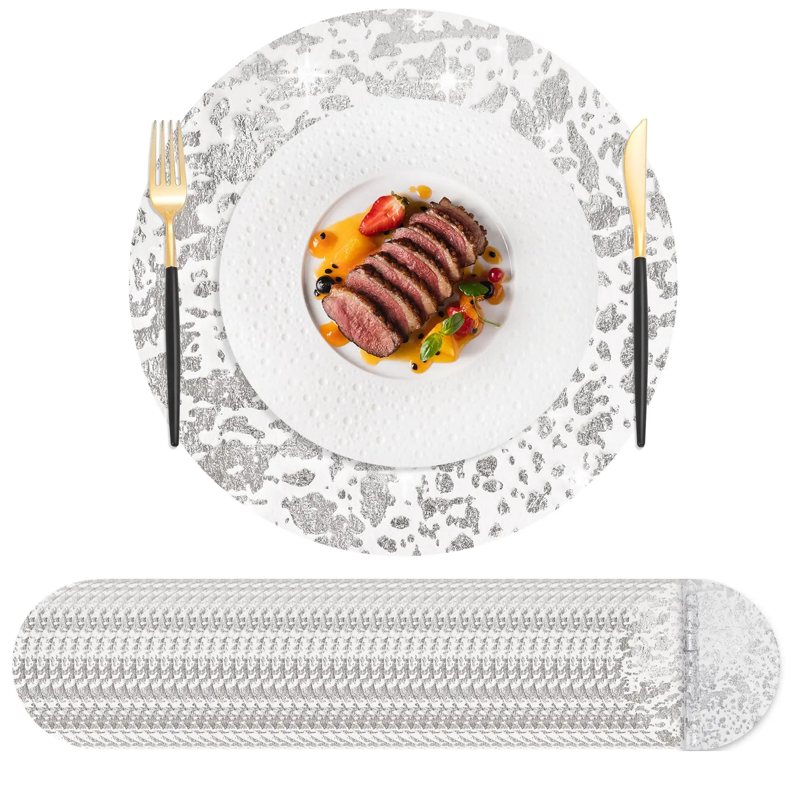 50pcs Disposable Silver Placemats Set Metallic 13 Inch Round Foil Mesh Pressed Table Doilies, Ultra-Thin Disposable Placement Mats for Home Decoration Dining Table Wedding Birthday Party