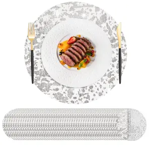 50pcs Disposable Silver Placemats Set Metallic 13 Inch Round Foil Mesh Pressed Table Doilies, Ultra-Thin Disposable Placement Mats for Home Decoration Dining Table Wedding Birthday Party