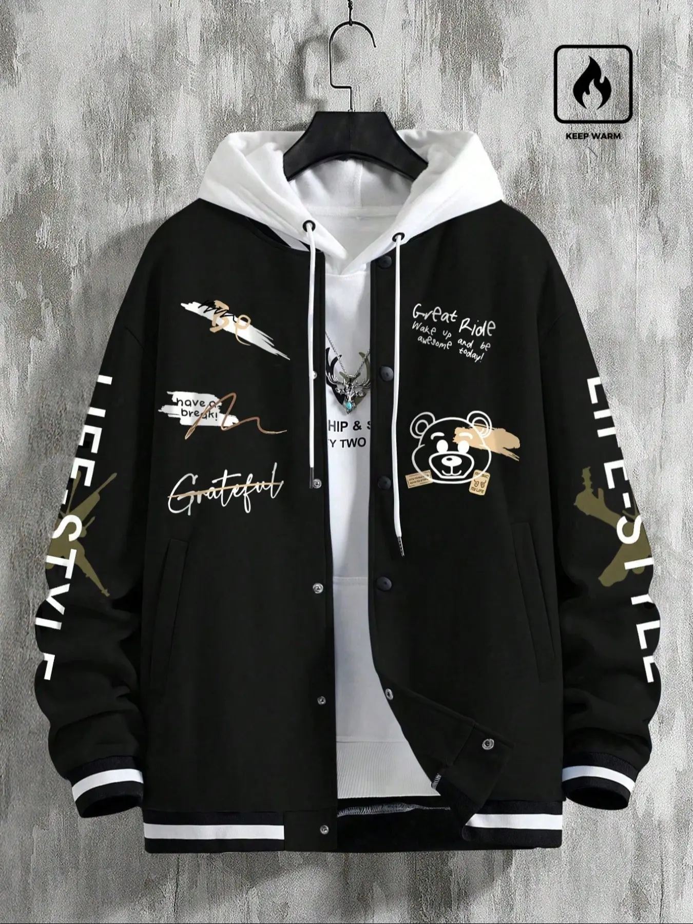 Casual Colorblock Patchwork Baseball Jacket, Unique Graphic Print Design, Front Button Closure, Long Sleeve Coat with Pockets, All-Season Wear