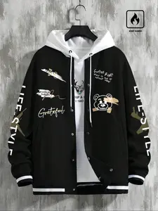 Casual Colorblock Patchwork Baseball Jacket, Unique Print Design, Front Button Closure, Long Sleeve Coat with Pockets, All-Season Wear