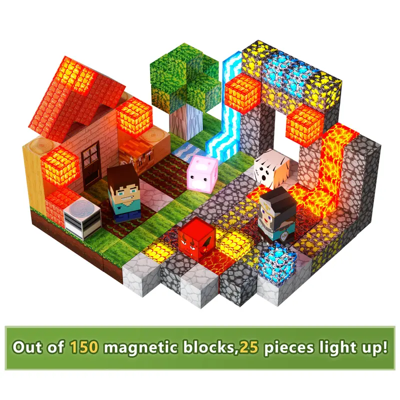Magnetic Building Blocks Set (125+25 Build Mix, 25 Glow Cubes) - Eco-Friendly STEM Montessori Kids Toys for 3-4 Years, Focus & Teamwork, Open-Ended Play, Durable All-Seasons Developmental Gift