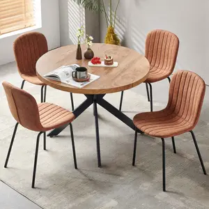 SQPFTW 37 Inch Round Dining Table Set for 4, Modern Small Circle Kitchen Coffee Set for Apartment Living Room Office, Save Space(1 Imitation Wood Table + 4 Brown PU Leather Chairs)