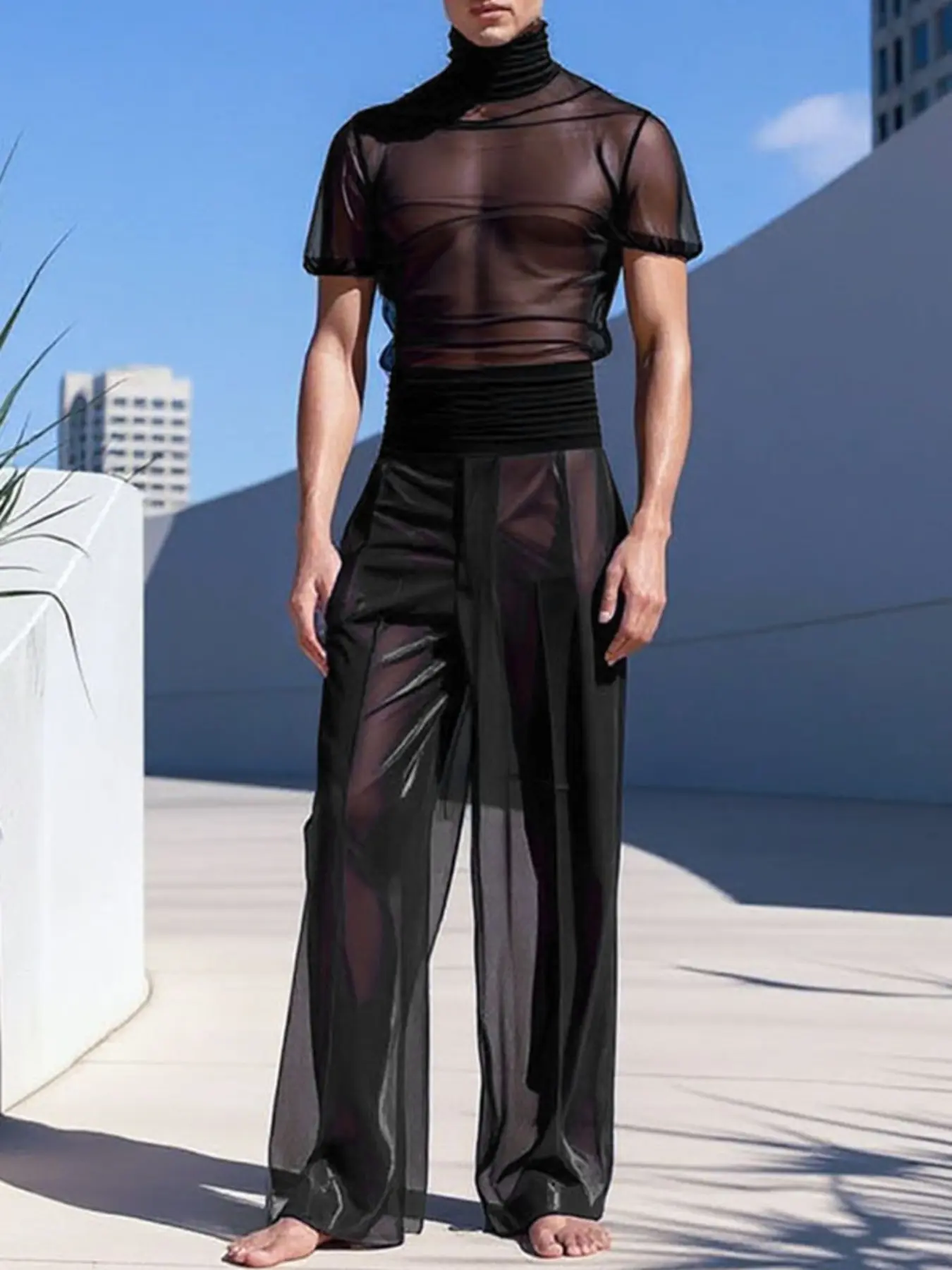 INCERUNSHOP Men's Sexy Solid Color Sheer Polyester Fabric Short Top + Long Pants Set, Perfect Party, Stylish Two-Piece Suit for Men, Trendy Fashion Wear, Menswear - TikTok Shop INCERUNSHOP Men's Sexy Solid Color Sheer Polyester Fabric Short Top + Long Pants Set, Perfect Party, Stylish Two-Piece Suit for Men, Trendy Fashion Wear, Menswear - TikTok Shop