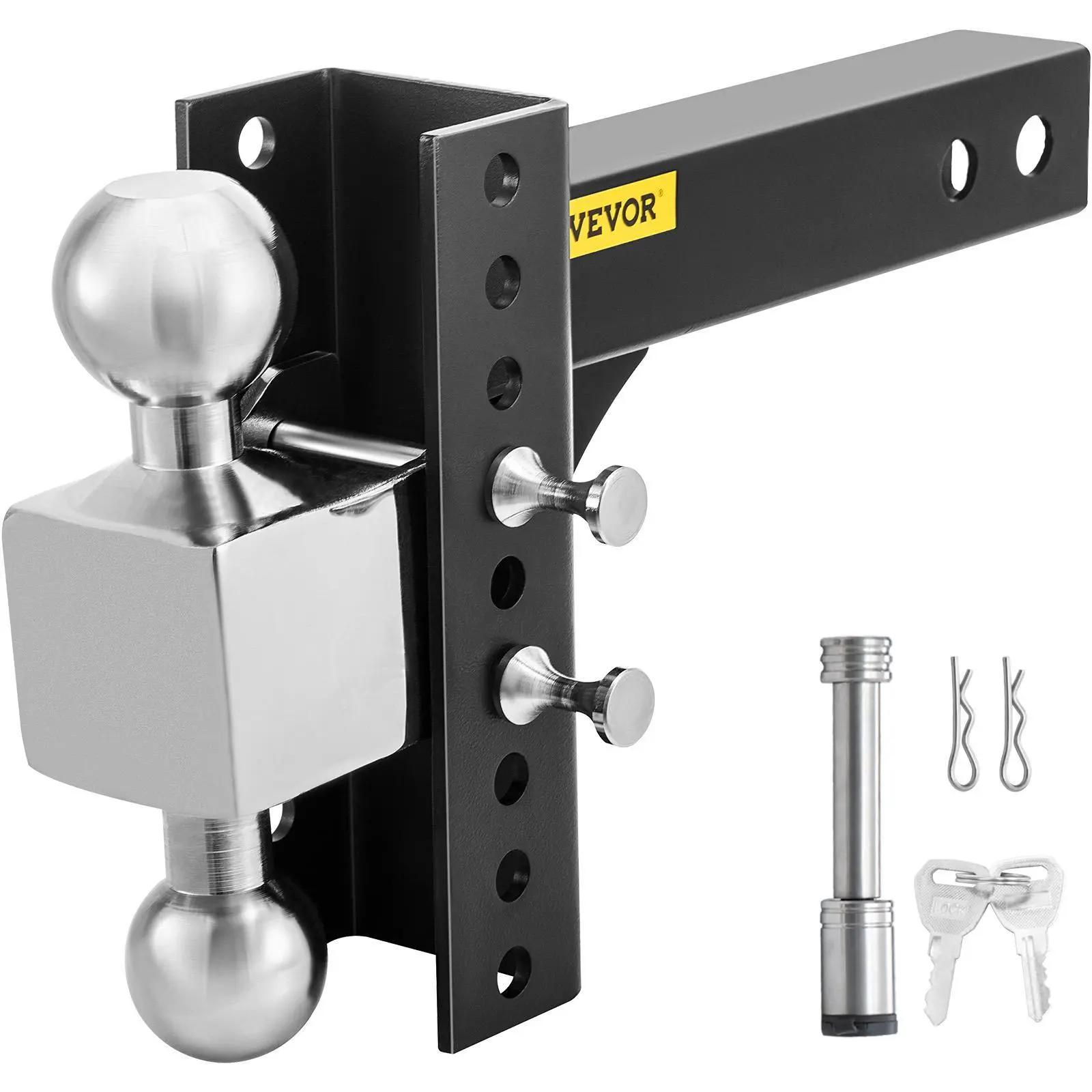 VEVOR Adjustable Trailer Hitch for 2.5" Receiver, 6" Rise-Drop Solid Tube Ball Mount, 22000 LBS Rating, 2&2-5/16" Stainless Steel Balls with Key Lock Security Mechanism, RV Truck Towing Accessory with Tongue Weight Support