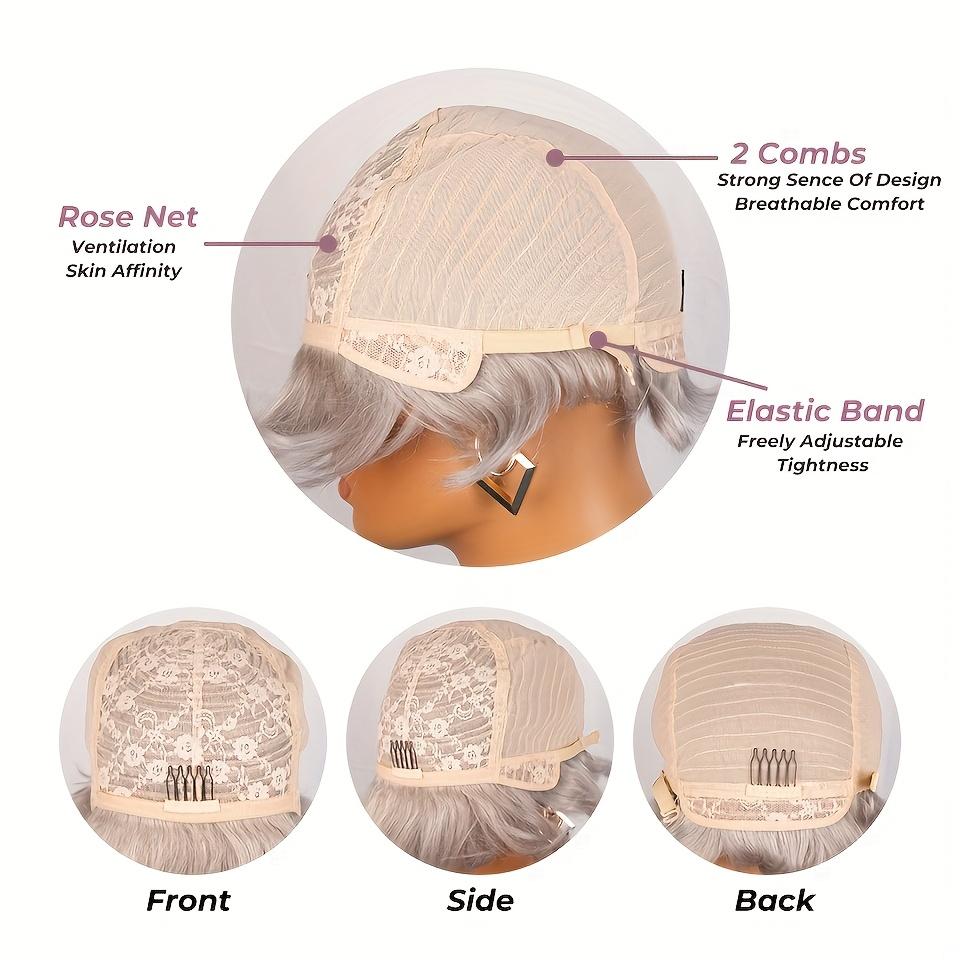 "Women's Chic Pixie Cut Human Hair Wig Ash Grey Balayage Glueless 150% Density Brazilian Remy Hair Layered Bangs Natural Fullness For Daily & Special Events "	