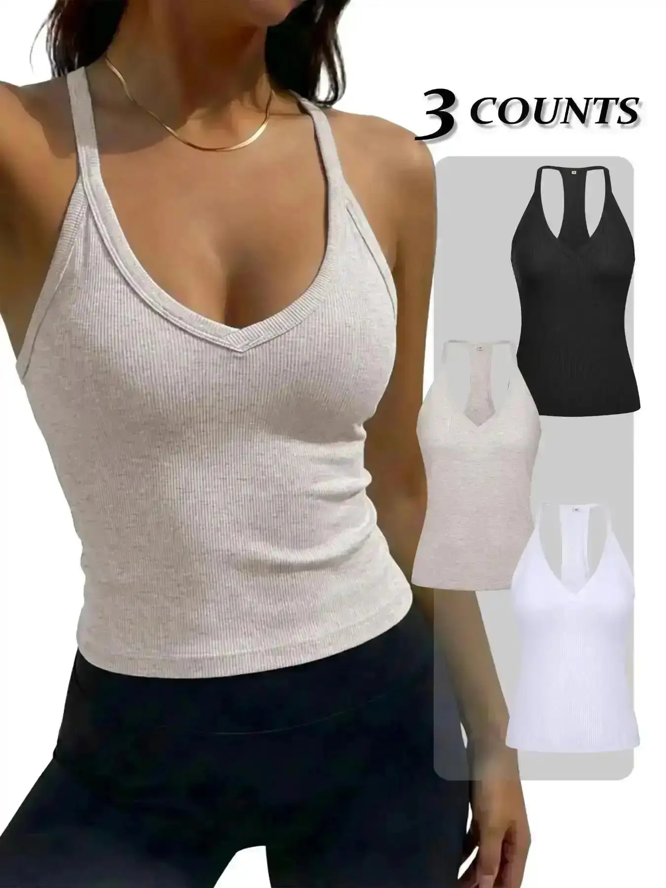Vogue Women's Solid Backless Racerback Tank Top, Casual Sleeveless Deep V Neck Cami Spaghetti Strap for Daily Wear, Ladies Clothes All Seasons, Cute Tops, Soft Fabric Daily Comfort Fit Essential Wardrobe Piece Casual
