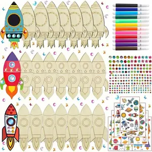 Rocket Design Wooden Craft Kit, 1 Set DIY Handmade Set Includes 24 Blocks, 202 Rhinestones, 12 Colored Pens, Stickers, Perfect for Boys/Girls