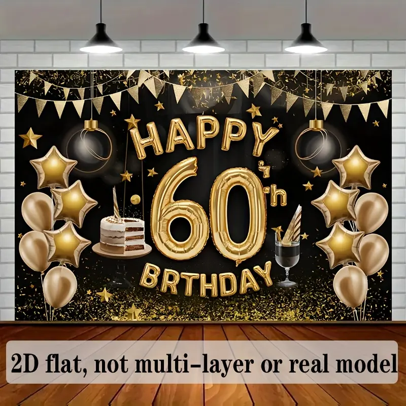 1pc 60th Birthday Party Banner - Golden & Black Polyester Backdrop with Balloons, Cake, and Champagne Design for Home Decor, Room Wall Decoration, and  Props, Birthday Party Decorations, 2D Flat