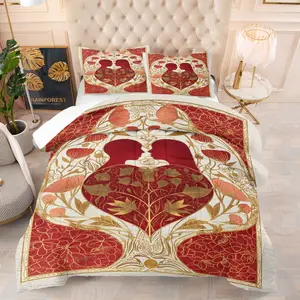 2/3 piece set of vintage Valentine's Day patterned Quilt Set,William Morris style print,Including 1 Quilt and 1 or 2 Pillowcases Without Pillows,Suitable for Couples Bedding,Fashionable and Comfortable Home Decoration