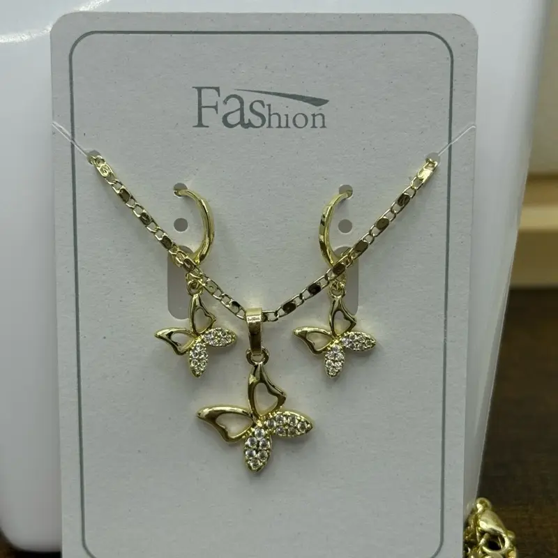Butterfly with White Rhinestones Earrings & Necklace Set Gold Laminated Fashion Jewelry