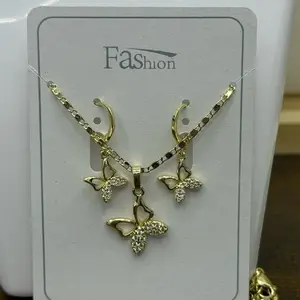 Butterfly with White Rhinestones Earrings & Necklace Set Gold Laminated Fashion Jewelry
