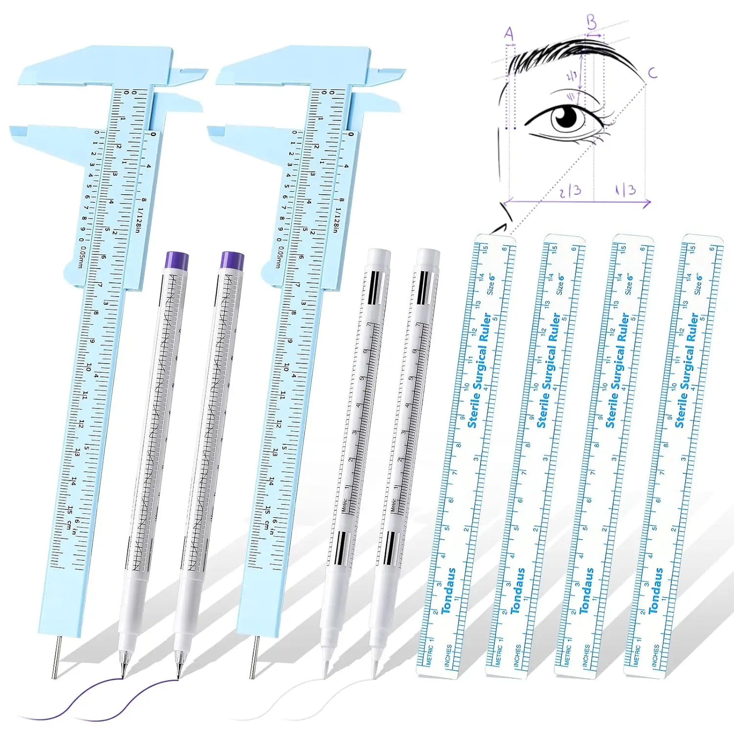 Eyebrow Shaping & Mapping Tool Set, 10-Piece Cosmetics Kit with White Marker Pen & Microblading Measuring Rulers for Professional Artists, White Skin Marker Pen, 10 Pcs, Microblading Aid
