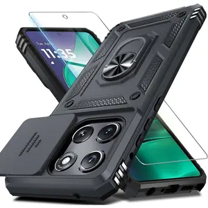 Compatible with Moto G Stylus 5G 2025 Case Built in Slide Camera Lens Cover+Screen Protector+Finger Ring Holder Kickstand,Heavy Duty Shockproof Full Body Protective Phone Cover,Black