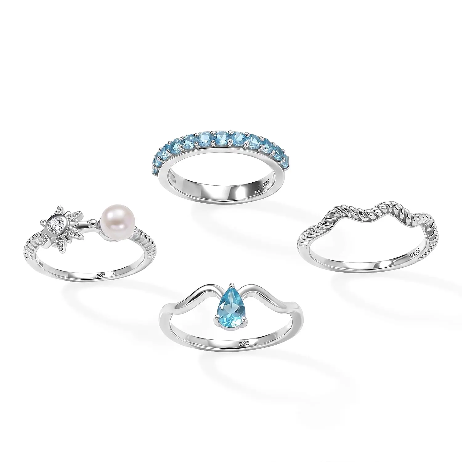 D''Joy AAA Apatite, Fresh Water Pearl and Moissanite 1.65 ctw Set of 4 Ring in Rhodium Over Sterling Silver (Size 7.0)