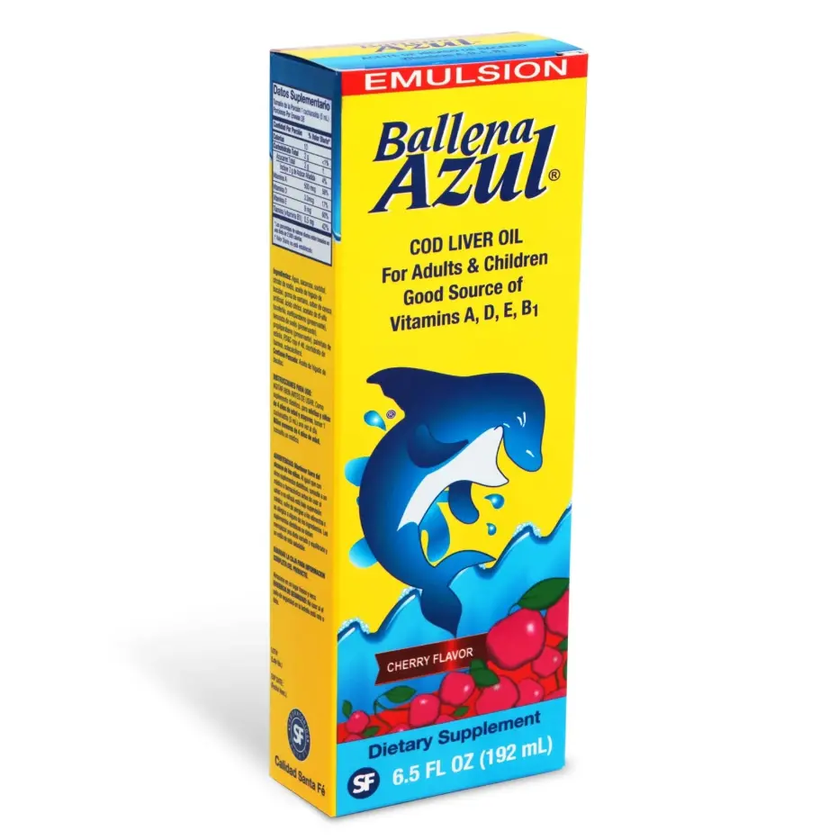 Ballena Azul COD Liver Oil for Adults & Children 6.5 FL OZ 192 mL Good Source of Vitamins A D E B1 Dietary Supplement Omega 3 Cherry Flavor