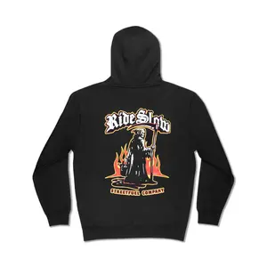 RIDE SLOW Premium Hoodie - Classic Black Cotton Sweatshirt with Graphic Design Featuring "Ride Slow" and "Streetiful Company" Text