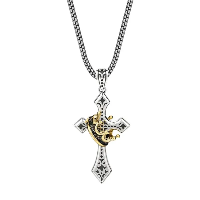 Men's Gothic Cross Crown Pendant Necklace - Handmade Stainless Steel Waterproof Fashion Costume Jewelry, Summer Gift Idea