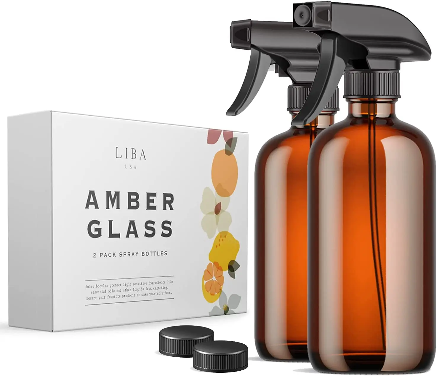 LiBa 2-Pack 16oz Amber Glass Spray Bottles: UV-Protected Refillable Bottles for Essential Oils & Natural Cleaning