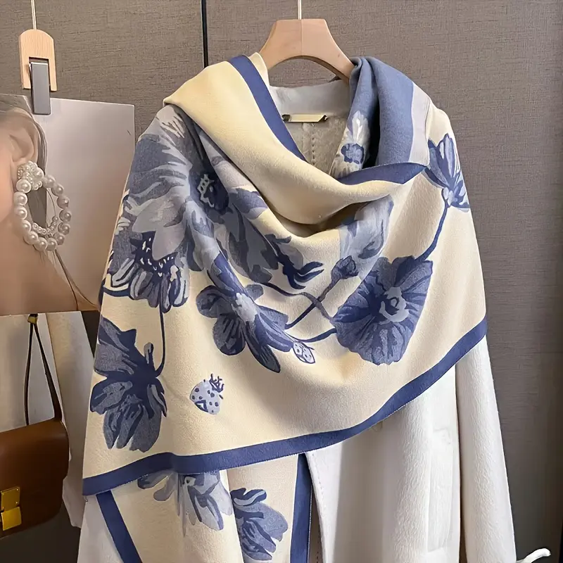 Women's Polyester Rectangular Shawl - Luxury Floral Plant Print Assorted Color, Thick Warm Winter Neck Wrap, Soft Durable Textured Fabric, Orange/Green/Blue Flower, Casual & Formal Wear, Outdoor Warmth, Assorted Color Shawls, Blue Flower Shawls