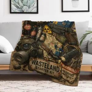 Fallout themed printed flannel blanket with wasteland starter kit collage design, suitable for sofa, bed, office and outdoor use, lightweight and durable bedroom chair decor halloween decoration soft flannel shawl,summervibes