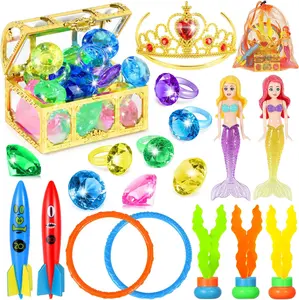 Diving Pool Toys for Kids Ages 3-12, 21 Pcs Mermaid Pool Toys with Golden Pirate Treasure Chest, Summer Underwater Game Toys Pool Dive Torped Rings Gems Swim Toy with Storage Bag for Girls Boys