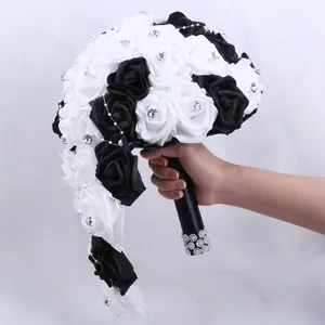 DIY-Ready PE Foam Wedding Bouquets with Rhinestones and Pearls - Simple Decorative Florals for Bridesmaids, Church Home Decor