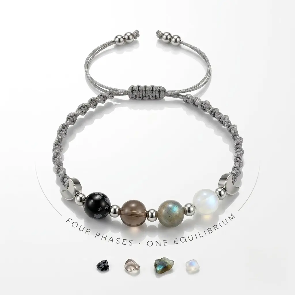 Witchy Crystal Bracelet with Obsidian, Moonstone & Labradorite, Adjustable Cord Jewelry with Moon Charms for Everyday Wear & Negativity Clearing, Natural Crystal, Witchy Stuff, Gradient Beads, Smoky Quartz, Any Occasion, 30G, Soft Cord, Adults