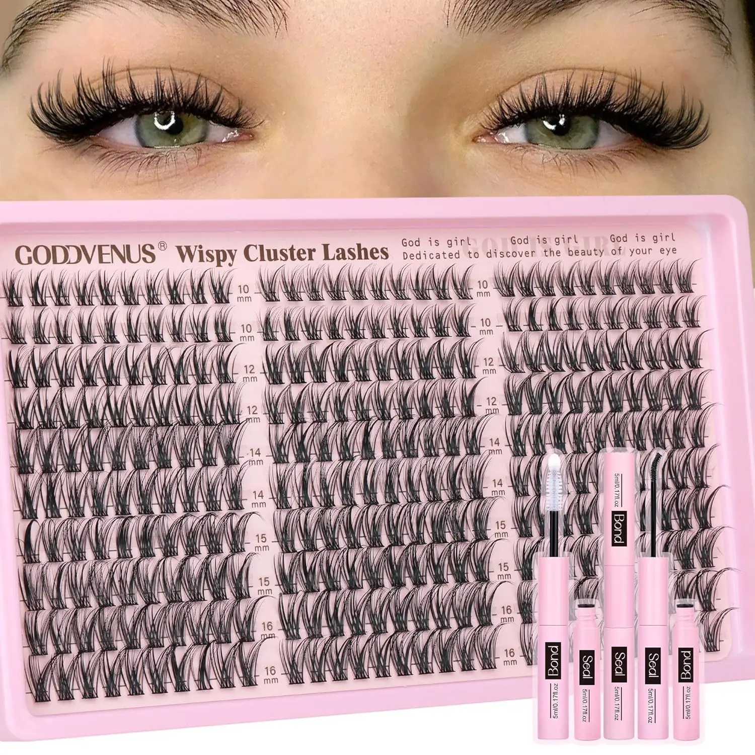 Goddvenus Lash Clusters Kit, 300pcs 10-16mm Mixed C Curl, Wispy & Lightweight DIY Eyelash Extensions for a Flawless, Natural Lengthening Look, Beginner Friendly