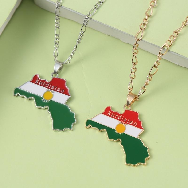 Kurdistan Map Charm Necklace Flag Pendant Clavicle Chain Ethnic Long Choker Jewelry Friendship Keychain for Women Men