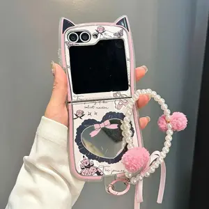 Cute 3D Cat Ear Love Mirror Case For Samsung Galaxy Z Flip 3 4 5 6 7 5G ZFlip6 ZFlip7 With Lanyard Ballet Shoes Bow Back Cover