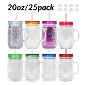 25pcs 20oz Double Wall Glitter Snow Globe Plastic Cans with Handles Reusable Drinkware Portable Tumblers