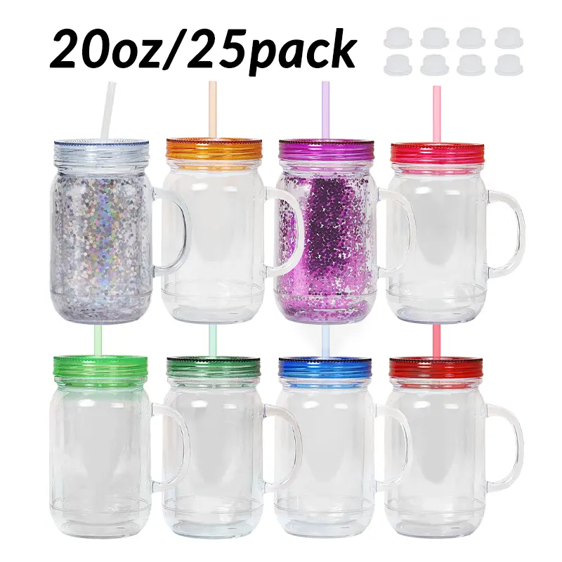 Crafix 25pcs 20oz Double-Wall, Glitter Plastic Tumbler Cups with Handles, Portable Reusable Kitchen Drinkware