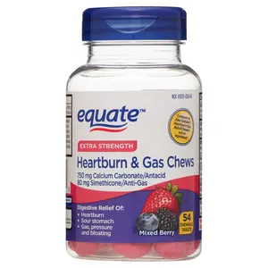 Equate Extra Strength Heartburn & Gas Relief Chews - Mixed Berry, 54 Tablets - Healthcare Dietary Supplement for Relief of Symptoms Vitamin Edible