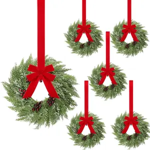 6 Pcs 15 Inch Small Christmas Norfolk Wreaths Mini Wreath with Bow Ribbon Cedar Berry for Xmas Front Door Window Chair Fireplace Table Pillar Farmhouse