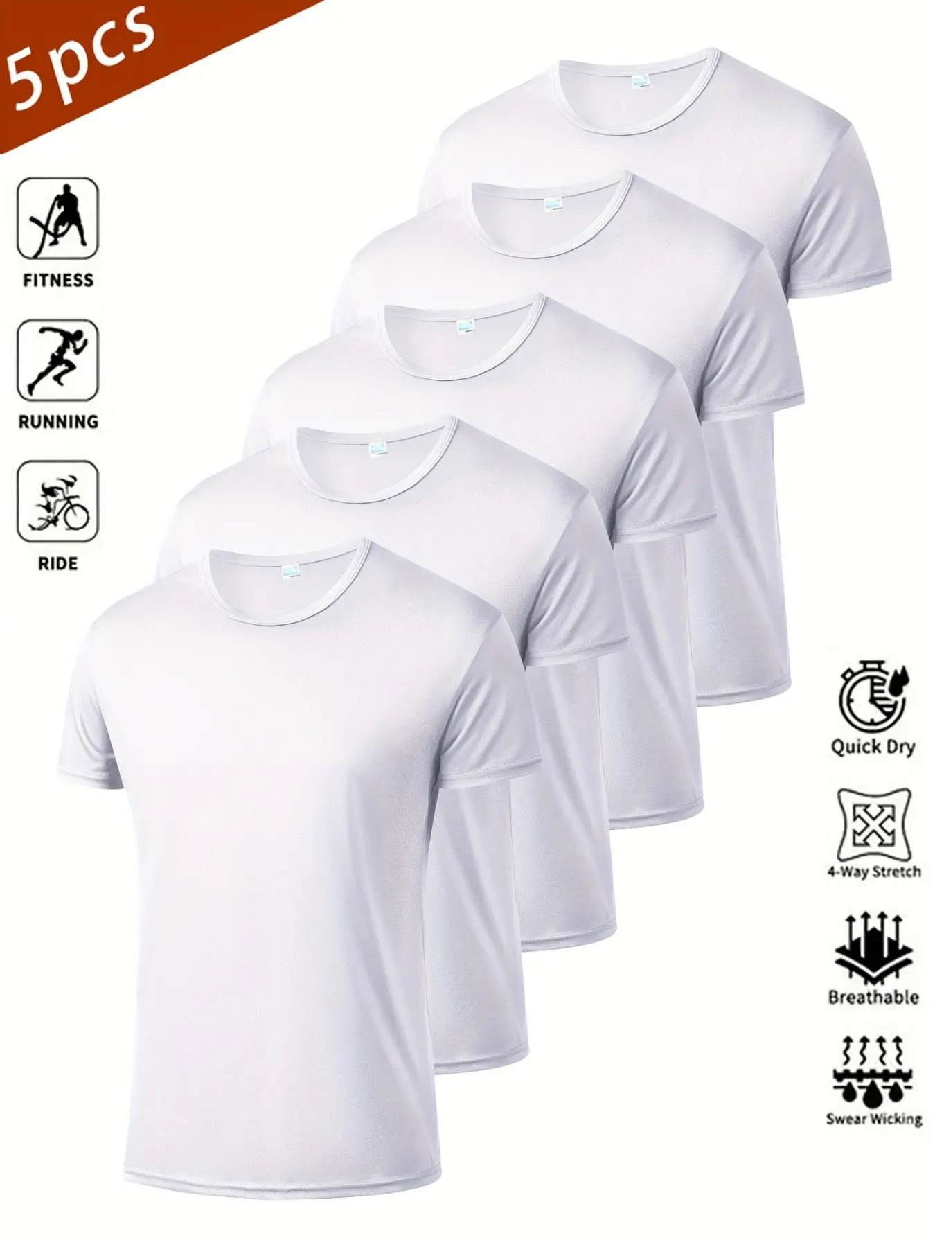 Men's Sport Quick-Dry T-Shirt Set of 5, Pure Design, Lightweight Breathable Short Sleeve, Gym Training Running Ball Sports Tee, Quick Dry Activewear, Fitness Clothes, Running Shirts, Quick Drying Top
