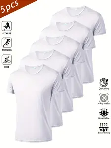 Men's Sport Quick-Dry T-Shirt Set of 5, Pure Design, Lightweight Breathable Short Sleeve, Gym Training Running Ball Sports Tee, Quick Dry Activewear, Fitness Clothes, Running Shirts, Quick Drying Top