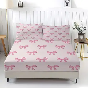 Pink Coquette Bow Print Fitted Sheet Set, 1 Fitted Sheet with 2 Pillowcases, Cute Pastel Bow Pattern Bedding for Bedroom, Dorm & Guest Room, Decor for Adults