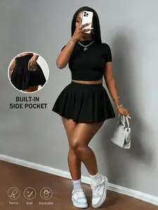 Hot Two-Piece Set, Short T-Shirt & Bell Shorts, Sporty Round Neck, High Waist Belly Control, Side Pockets, Casual Sportswear, Tiktok Trend, All Seasons, Casual Workout Loungewear, Fitness Casual Wear, Sportswear Clothing