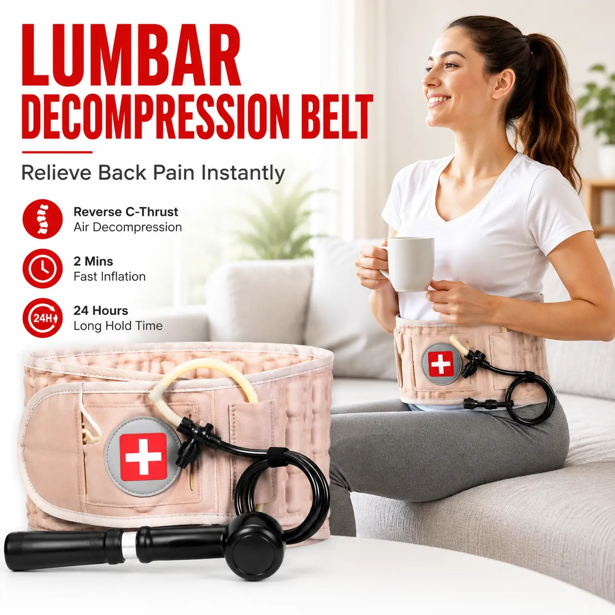 Unisex Inflatable Air Decompression Lumbar Support Belt for Lower Back Pain Relief, Ergonomic PU Leather Lumbar Spine Relaxer with Reverse C-Shaped Structure, Adjustable Extension Pad & Pump, TPU+PU+Cotton, Portable Casual Daily Gift, Working-4394, Family