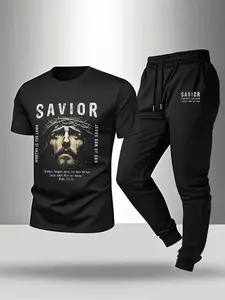 Minimalist Religious Short Sleeve Set, Crown of Thorns Jesus Print, Embroidered Textile, Spring & Fall Casual Wear