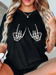 Men's 100% Cotton Casual Streetwear Graphic T-Shirt - Unisex Rocker Hand Sign Rock Skeleton Retro Halloween Top