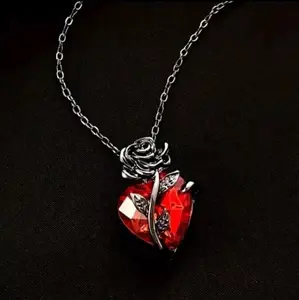 Gothic Dark Rose Flower & Red Heart Pendant Necklace gifts women