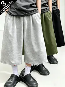 Men’s terry cloth shorts with a high waist and wide leg cut, ruched detailing, three-quarter length. Street casual style—suitable for home wear, everyday outings, and summer, without being tied to specific holidays.