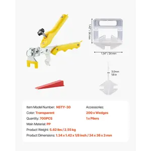 VEVOR Tile Leveling System, 1/8 Inch(3 mm) with 1pc Tile Plier, 700 PCS DIY Tile Leveler Spacers Clips and 200 PCS Reusable Wedges, Tile Tools Set for Professional Ceramic Tile and Stone Installation