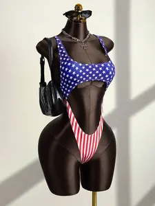 Zestiva Women's Spring-Summer Sexy One-Piece Swimsuit, Fitted Star x Stripe Pattern Backless  Design Beach Casual Party,Foruth Of July,Independence Day