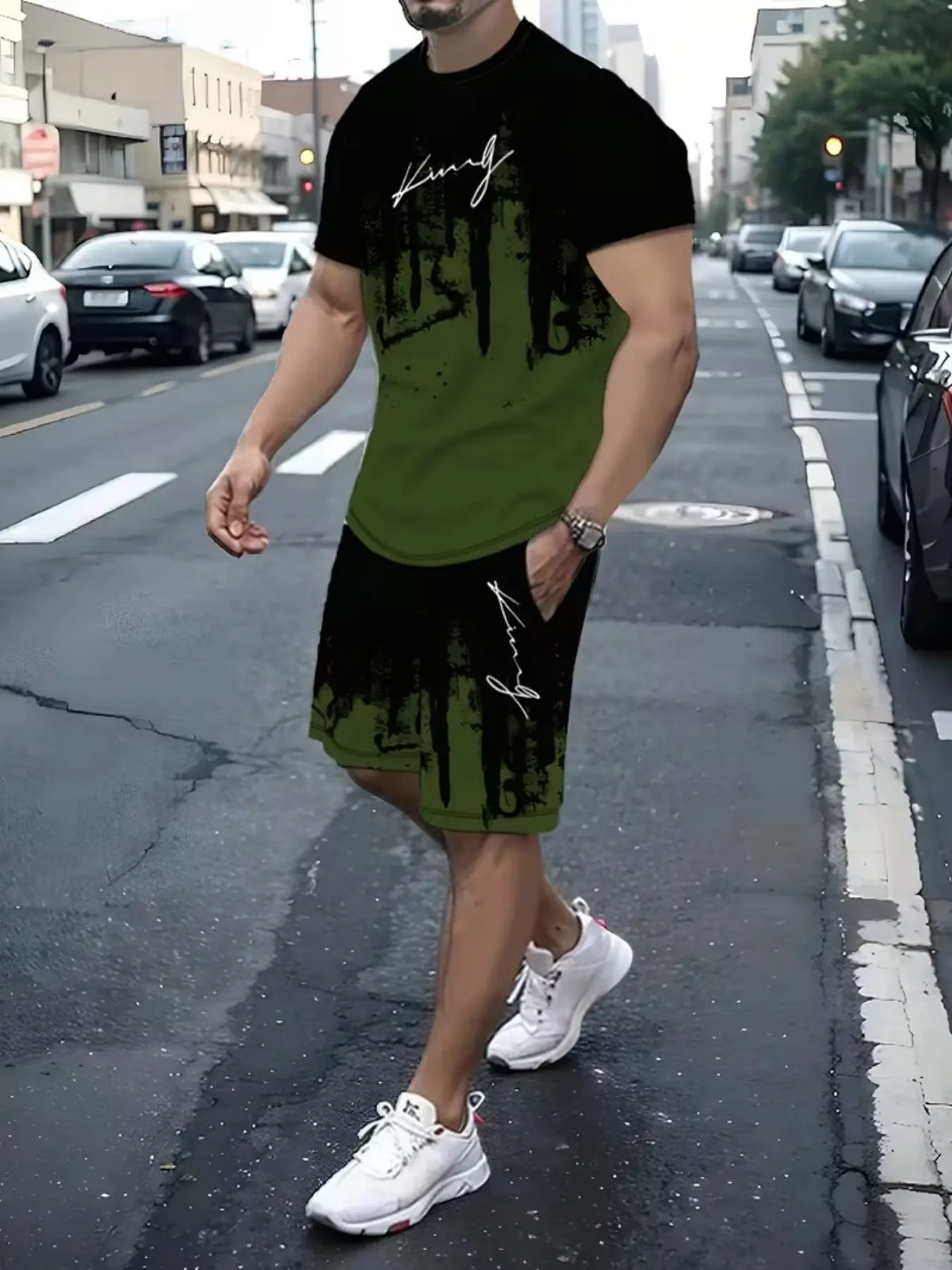 Gradient Graffiti Short Sleeve Set, Man, Street Cool Design, Urban, Casual Fitted Style, All Seasons Wear