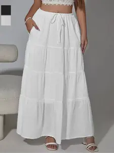 Spring Summer Casual Commuter Daily Wear Adjustable Drawstring High Waist Elastic Four-Piece Skirt Long Dress
