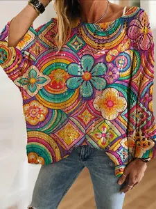 Spring Summer Women's Shoulder Cut Batwing Sleeve Knit Top, Geometric Patchwork Colorblock Floral Print, Casual Elegant Vacation Wear